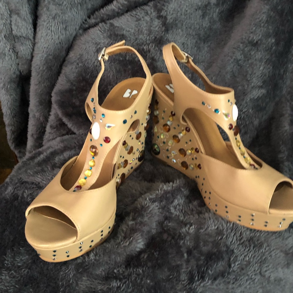 Embellished Tan Wedge Sandals